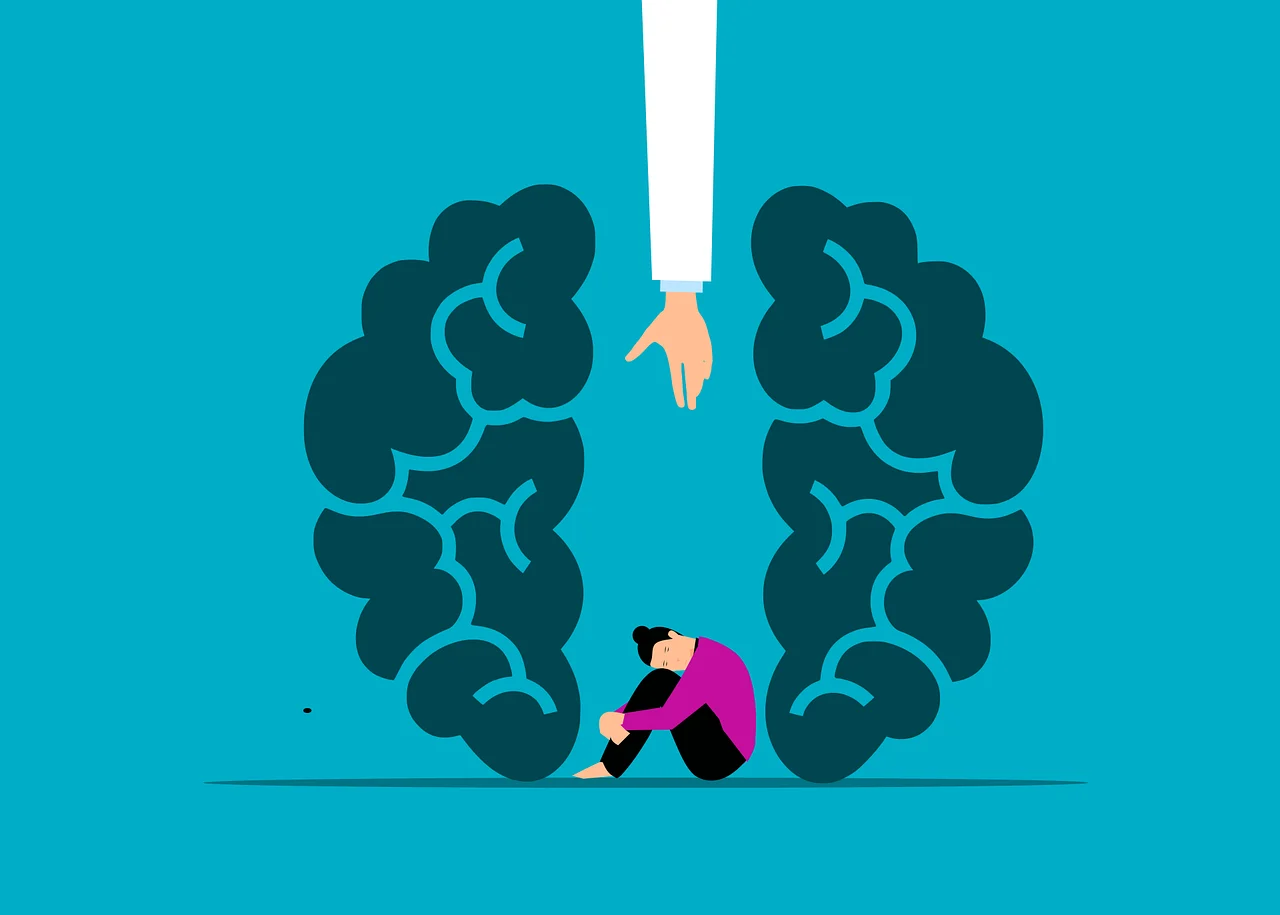 Hand reaching down to sitting woman in the middle of a brain