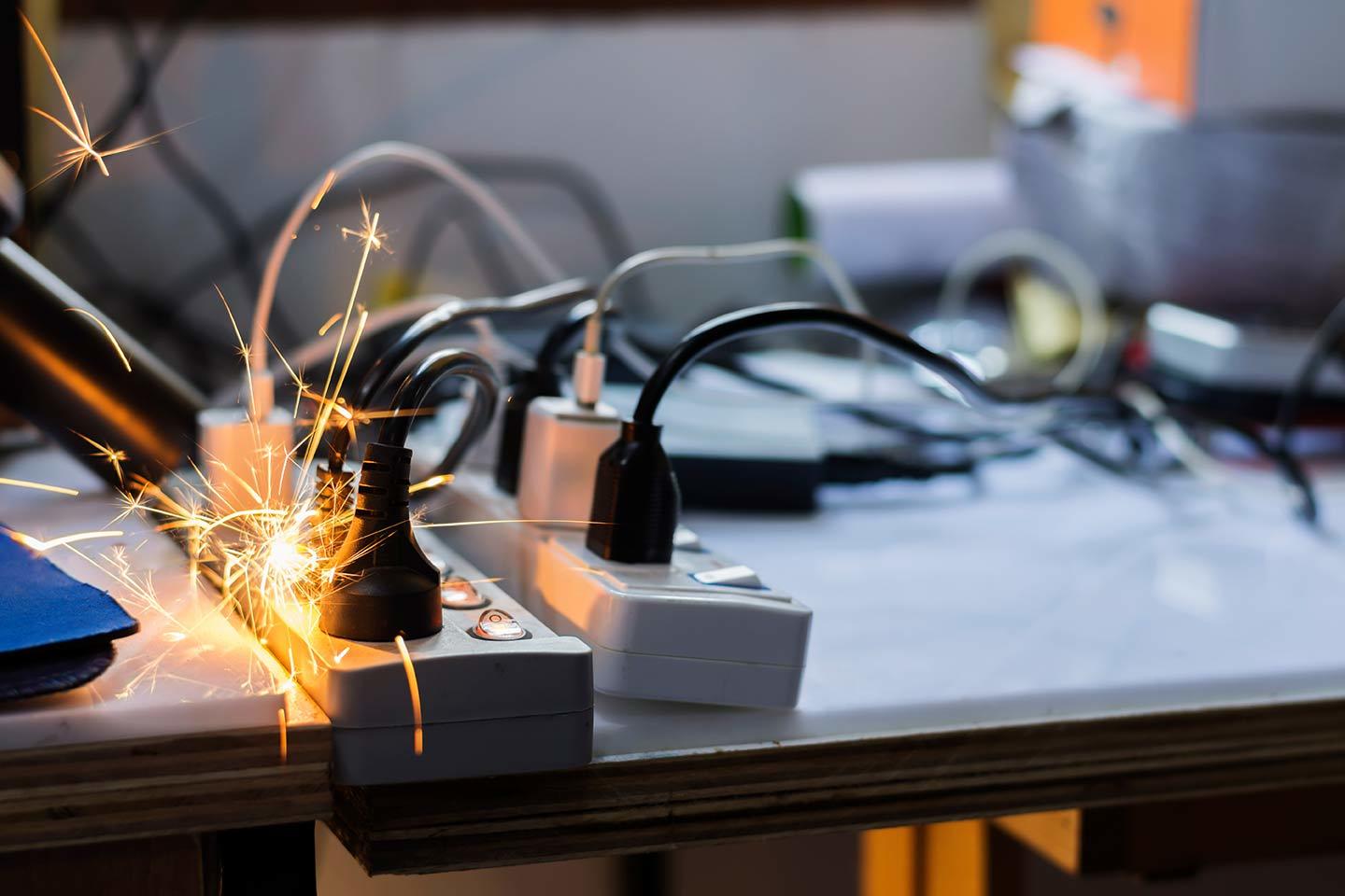 Image of a power strip with outlets plugged into it that is sparking.